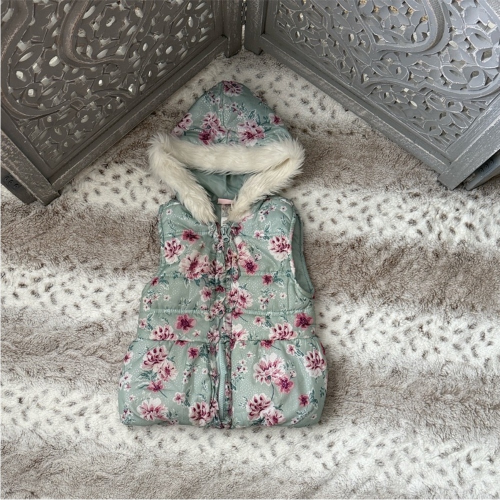 Little Lass floral puffer hoodie jacket girls 24 months faux fur girlhoodcore
